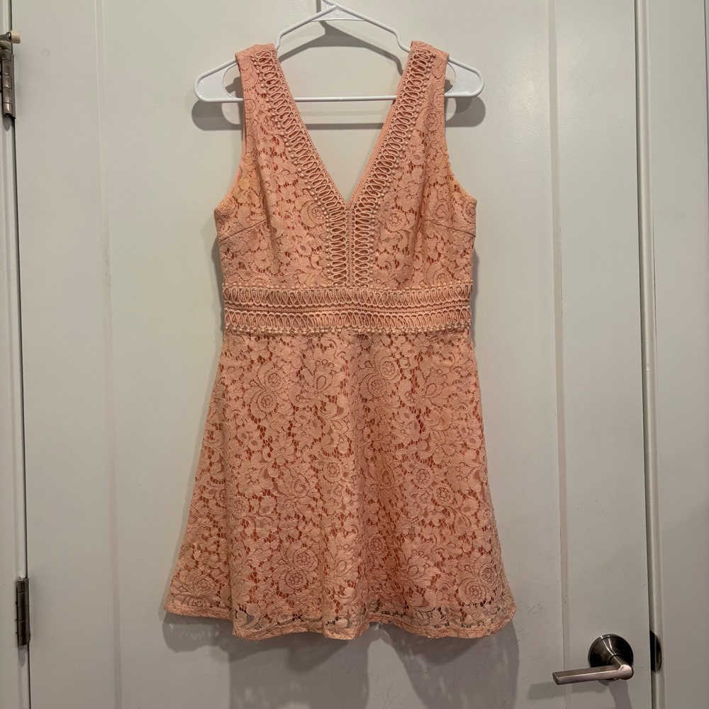 Francesca's Peach Floral Lace V-Neck Fit & Flare Dress Gold Metallic BE51217-N M